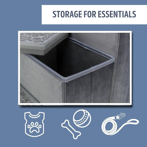 TRIXIE Velour 3-Step Pet Stairs with Storage, Collapsible, Gray, Storage Compartments for Pet Toys