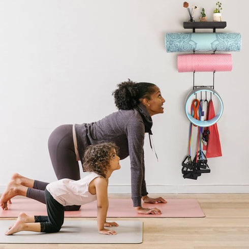 VINAEMO Yoga Mat Holder Accessories - Wall Mount Organizer with 4 Hooks and Wooden Shelves for Foam Roller and Towel