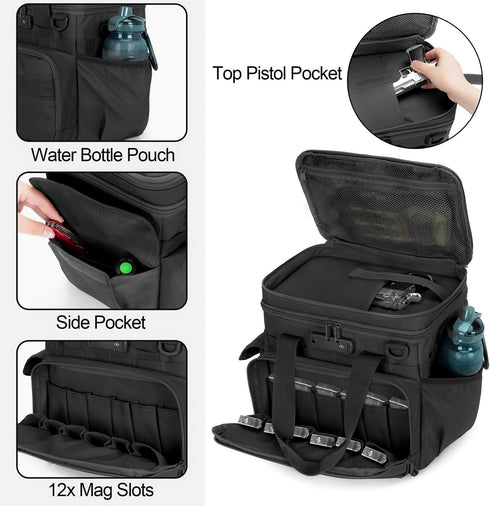 Tactical Gun Range Bag with 3 Pistol Capacity and TSA Lock, Duffle Bag with 2 Small Cases and Magazine Slots
