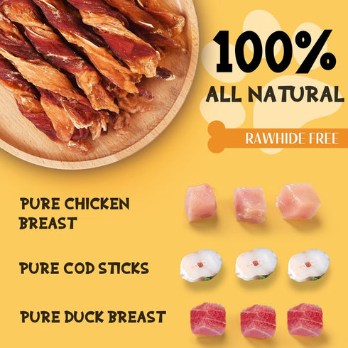 ASMPET Dog Triple-Flavor Treat Twists Stick, Non-rawhide Chicken Chews w/Fish & Duck, Nutritious All Natural Ingredients Dog Treats for Small, Medium & Large Dogs