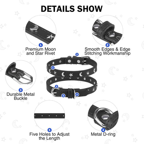 Leather Dog Collar for Puppy - Adjustable Star and Moon Studded Collars with Rust-Proof Metal Buckle and Charms, XS S