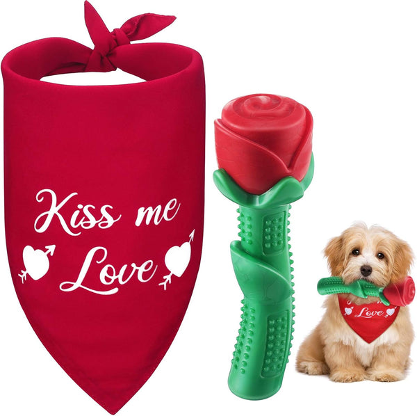 Weewooday 2 Pieces Valentine’s Day Dog Chew Toys, Durable Rose Chew Toys and Kisses Bandana for Small and Medium Pets