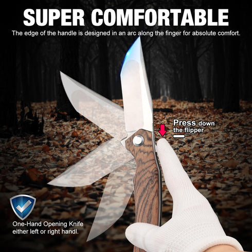 Pocket Folding Knife for Men, D2 Steel Hunting Knife with Wood Handle, Fishing Hiking Survival Knife with Safety Liner