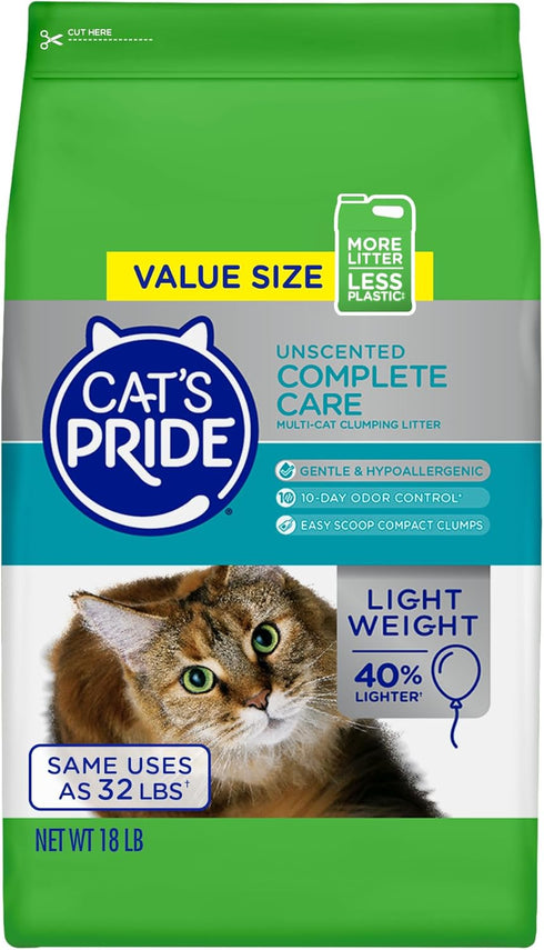 Cat's Pride Premium Lightweight Clumping Litter, 18 Pounds, Multi-Cat, Unscented, Complete Care - Up to 10 Days Odor