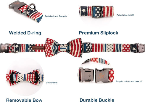 Elegant Little Tail Independence Day Dog Collar, July 4th American Flag Bowtie Collar for Small Dogs, Holiday Pet Gift