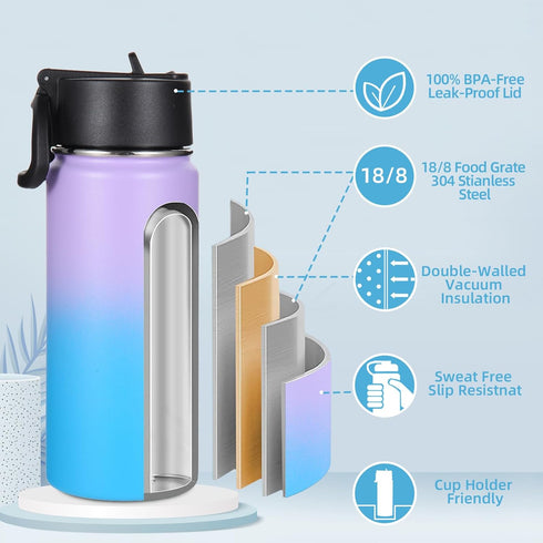 Volhoply 16 OZ Kids Water Bottle Bulk 4 Pack - Insulated Sports Bottles with Straw Lid, Stainless Steel