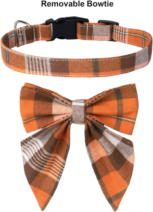 ADOGGYGO Fall Dog Collar with Bow, Adjustable Cotton Orange Bowtie for Small Dogs, Halloween Thanksgiving (Small, Fall)