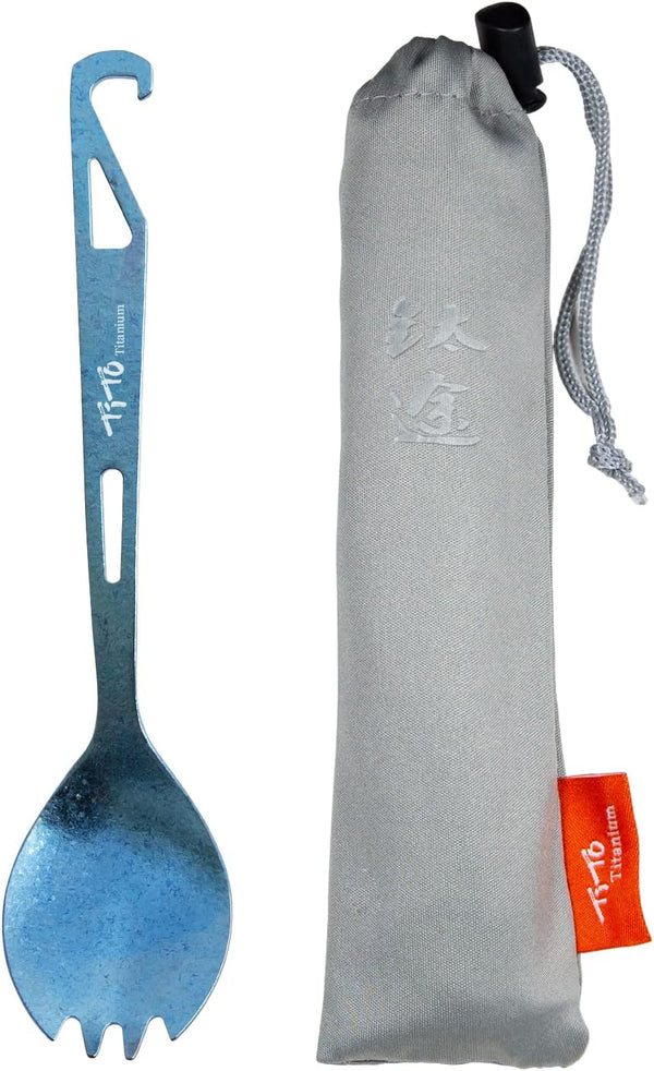TiTo Bright Blue Titanium Bottle Opener Spork, Lightweight Portable Reusable Flatware for Camping, Hiking, Picnics
