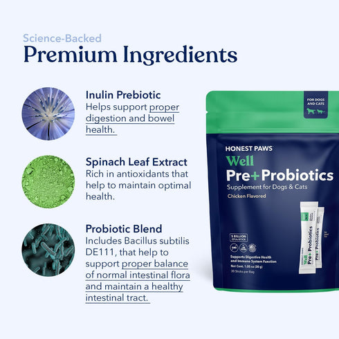 Immune (30 Honest Paws Probiotics for Dogs - Digestive & Support Powder with Prebiotic Made in The USA, Chicken Flavor
