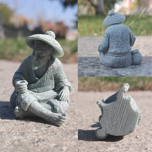 2Pcs Asian Japanese Sandstone Sitting Fishing Figurines, Mini Fisherman Statue Vintage Ornament for Fish Tank Garden