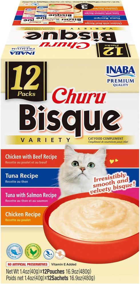 INABA Churu Bisque for Cats, Creamy Lickable Purée Side Dish with Vitamin E, 1.4 Ounces per Pouch, 12 Pouches