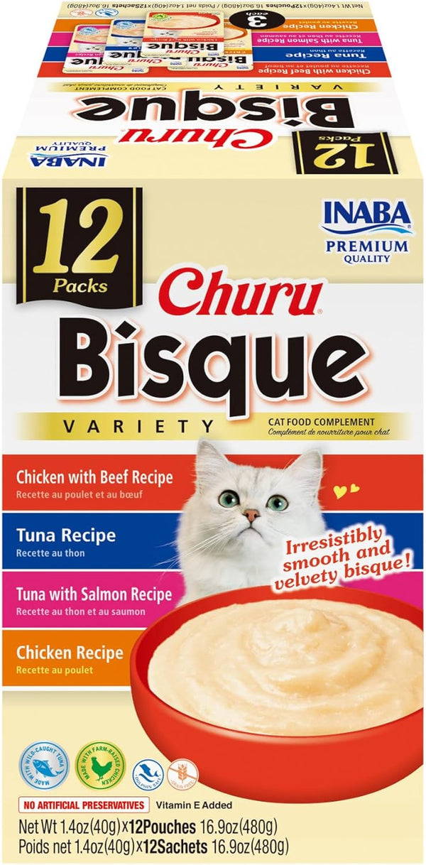 INABA Churu Bisque for Cats, Creamy Lickable Purée Side Dish with Vitamin E, 1.4 Ounces per Pouch, 12 Pouches