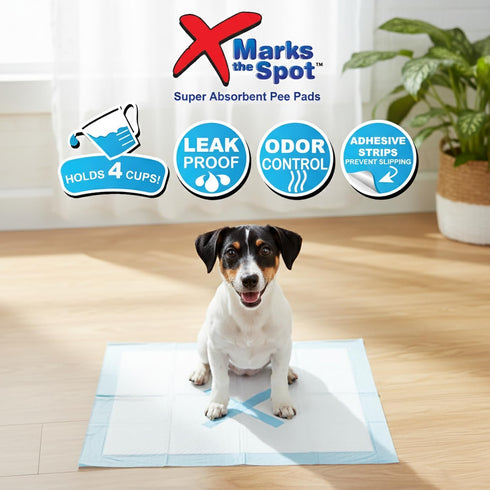 SPOT 22" 22", 50-Pack X Marks The Extra Absorbent Puppy Pads with Adhesive Strips & Pheromones Attracts Dogs to Center