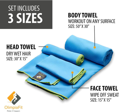 OlimpiaFit Quick Dry Towel, 3 Size Pack of Lightweight Microfiber Travel Towels with Bag for Camping, Beach, Gym