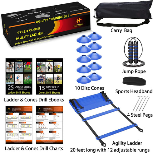 Speed Agility Training Set - Includes Agility Ladder, Steel Stakes, Sports Headband, Jump Rope, Disc Cones, Gym Bag