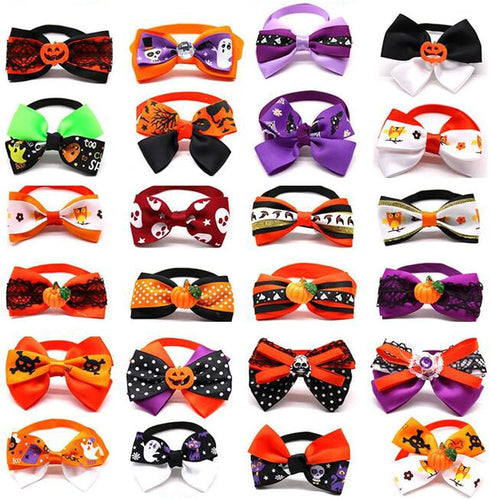Halloween Dog Bow Ties, 10Pcs Adjustable Neckties for Small Medium Dogs, Pumpkin Skull Ghost Witch Pet Grooming