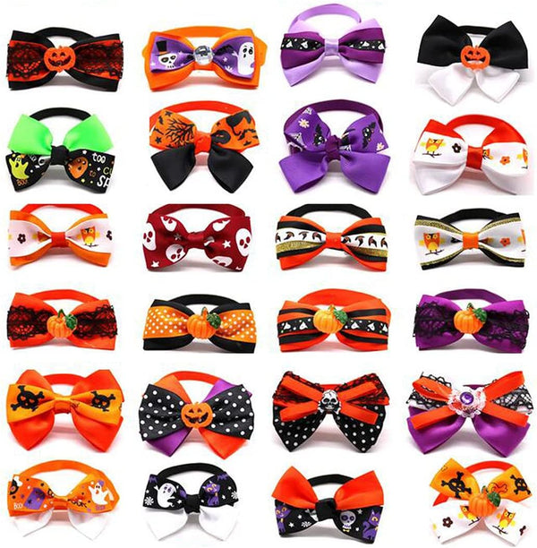 Halloween Dog Bow Ties, 10Pcs Adjustable Neckties for Small Medium Dogs, Pumpkin Skull Ghost Witch Pet Grooming