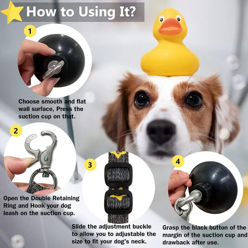 Dog Bathing Tether with Heavy Suction Cup - Grooming Tub Restraint Leash with Adjustable Collar for Shower