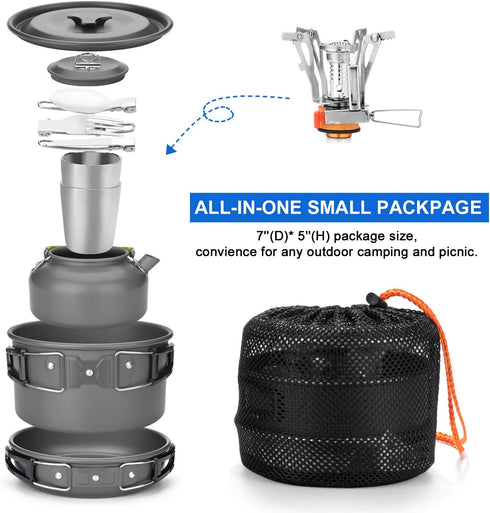 Odoland 12pcs Camping Cookware Mess Kit with Mini Stove, Lightweight Pot Pan Kettle with 2 Cups for Outdoor Camping