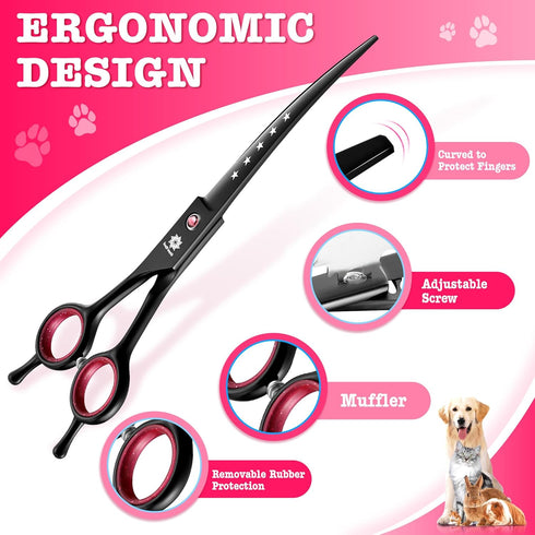 7" 6 1 Set Dream Reach Dog Grooming Scissors - Professional in Sharp Dog Shears Thinning, Chunker, Straight, Curved