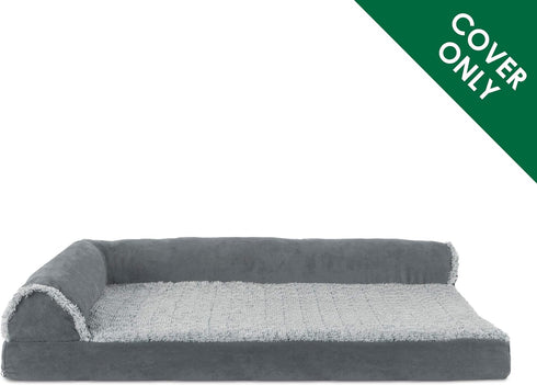 Furhaven Replacement Dog Bed Cover, Two-Tone Faux Fur & Suede Chaise, Jumbo Plus, Stone Gray