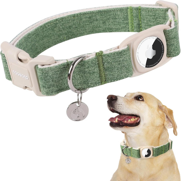 DOGWONG Airtag Cotton Hemp Dog Collar, Heavy-Duty Collar with Airtag Holder, Green Natural Fabric Pet Dog Collar for