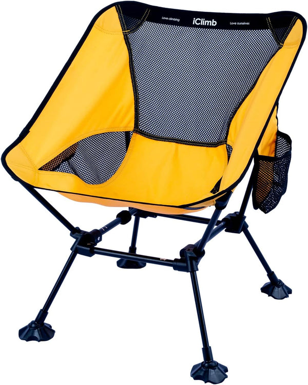 iClimb Ultralight Compact Folding Beach Chair - Anti-Sinking Large Feet and Back Support Webbing (Yellow - Square Frame)