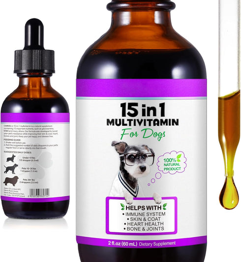 ZIXAOK 15-in-1 Dog Multivitamin Drops for Dogs | Liquid Multivitamin with Glucosamine, MSM
