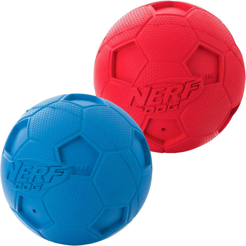 Nerf Dog Soccer Ball Toy, Interactive Squeaker, 2.5 Inches, Medium/Large Breeds, Two Pack, Blue & Red