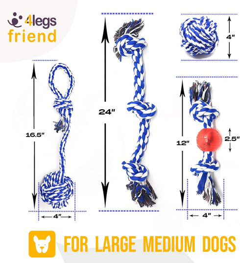 Rope Toys for Large Dogs & Puppies 4-Pack, Natural Cotton Rubber Tug-of-War Toy Set, Tough Dog Toys for Aggressive