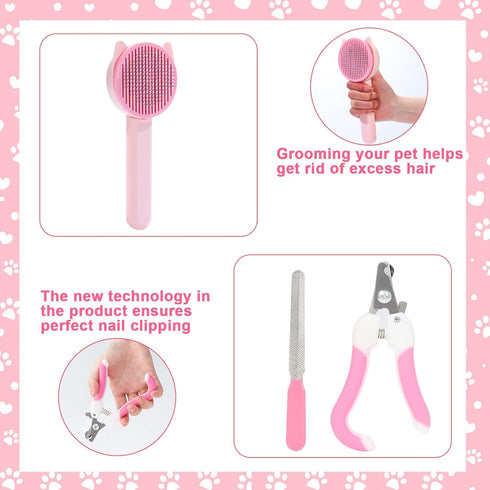8 VCZONE Pcs Cat Brush Grooming Kits, Pet Self Cleaning Kit with Pet Nail Clipper and File, Flea Comb, Pet Shampoo Bath