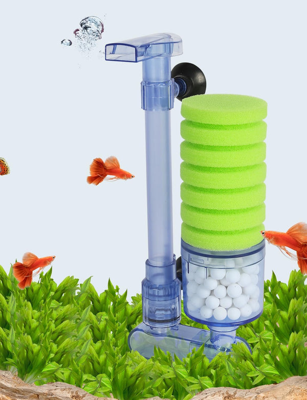 UPETTOOLS Aquarium Biochemical Sponge Filter - Ultra Quiet Air Pump with 2 Sponges & Bio Ceramic Media Balls