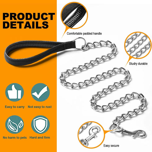 Heavy Duty Metal Dog Leash, 6 FT Chew Proof Pet Leash Chain with Soft Padded Handle for Large & Medium Size Dogs (6 FTx3 mm (30-120 lbs))