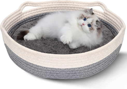 Cotton Rope Woven Cat Bed Basket, Small Dogs Sofa Bed with Double Sided Mat, 14"x14"x4", Washable Round Bed