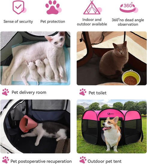 Dog Playpen, Indoor Puppy Pet Playpen for Medium Dogs, Portable Pop Up Kennel with Carrying Case, Hot Pink