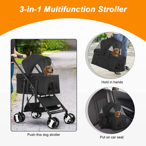 3-in-1 BestPet Pet Dog Stroller with Premium Multifunction & Detachable Carrier for Folding Lightweight Cat Travel