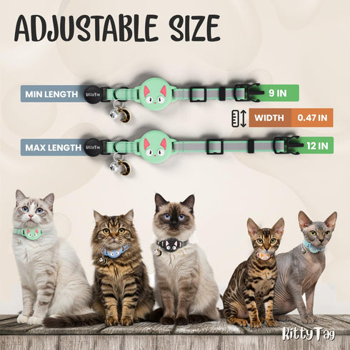 KittyTag (9-12") Cat Collar with Airtag Holder, Breakaway Air Tag Collar for Apple airTag, Reflective & Luminous