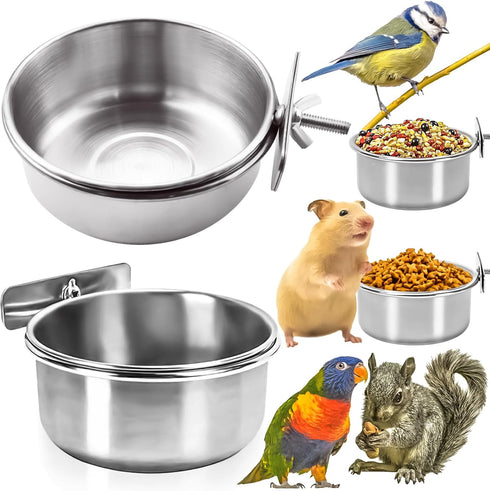 MotBach 2 Pack Stainless Steel Bird Feeding Dish Cups, Pet Cage Cups Holder for Birds and Small Animals