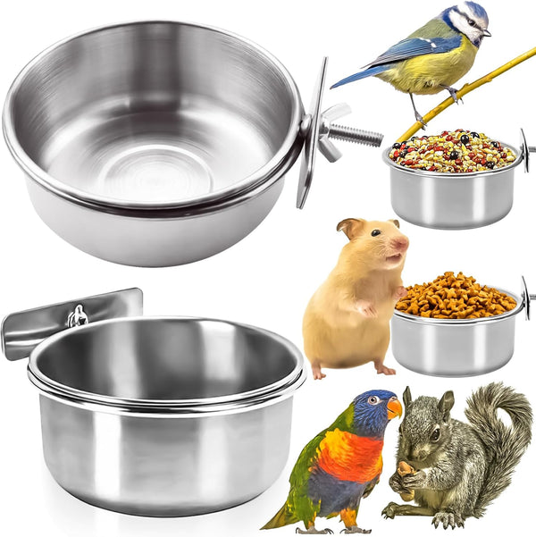 MotBach 2 Pack Stainless Steel Bird Feeding Dish Cups, Pet Cage Cups Holder for Birds and Small Animals