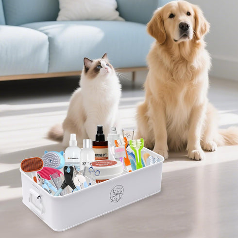 4-Compartment Premium Dog Grooming Organizer,Metal Caddy for Pet Stuff with Handle-Powder Coated Storage Bin for Dog