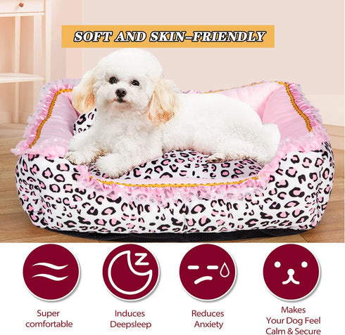 Gigreinc Cute Pink Puppy Sleeping Mat Bed with Leopard Pattern, Round Square Shape Cat Dog Sofa Bed, Pet House Nest