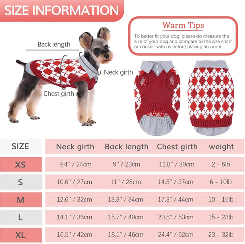 Kuoser Plaid Dog Sweater Warm Clothes, Patchwork Design Pet Dog Knitwear Classic Pullover Puppy Coat Cold Weather Sweatshirts with Leash Hole for Small Medium Cats Dogs (XS, Red)