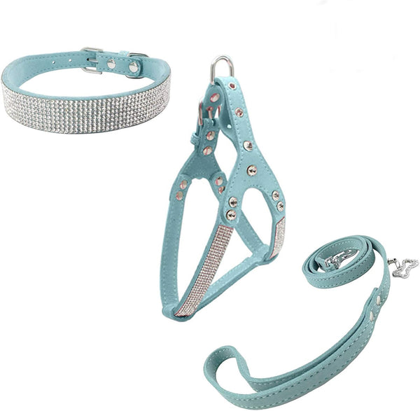 Dog Collar & Harness & Lead Sets, Fashion Diamante Dog Collar with Comfortable Soft Harness and Leashes Set - Blue - S