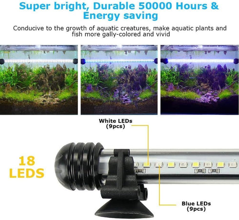 Aquarium Light for Fish Tank, Auto on/Off Submersible White and Blue Plant Light with Timer and Dimming Function (7.5