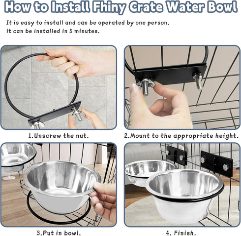 Fhiny 2Pack Dog Crate Water Bowl - Stainless Steel No Spill Bowls for Kennel, Hanging Food & Water Feeder (M)