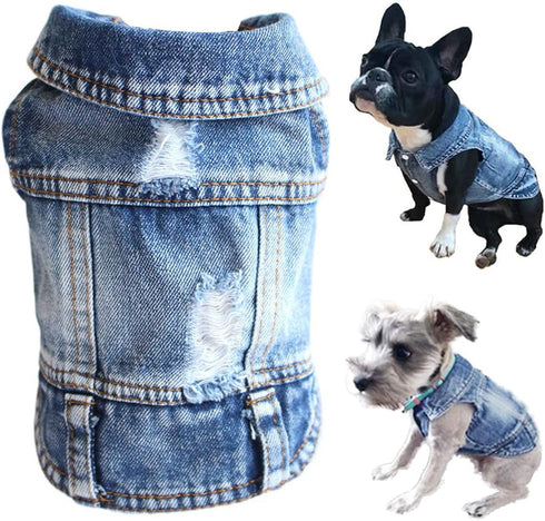Dog Jean Jacket, Blue Denim Lapel Vest Coat Costume for Small Medium Dogs and Cats (L)