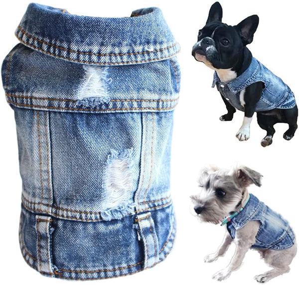 Dog Jean Jacket, Blue Denim Lapel Vest Coat Costume for Small Medium Dogs and Cats (L)