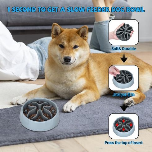 Silicone Dog Slow Feeder Bowl Insert, Strong Suction Cups for Stainless Steel, Glass, Ceramic Dog Bowls (Grey, Medium)