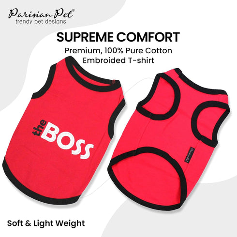 Dog T-Shirt with Embroidered 'The Boss' - Parisian Pet, Lightweight Sleeveless Outfit for Large Dogs - L