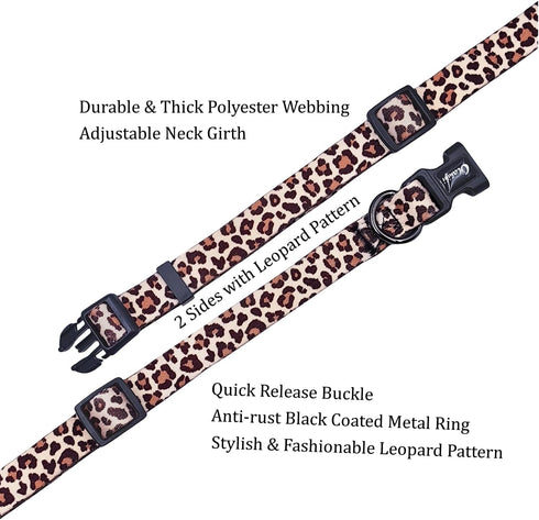 Dog Collar Leash Set, Adjustable Leopard Pattern for Puppy Dogs, Polyester Material (XS, Light Coffee Leopard)